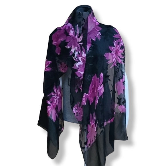 EGYPT Black Purple Floral Rectangular Scarf Semi Sheer Burnout Wrap Shayla Hijab - Picture 10 of 15